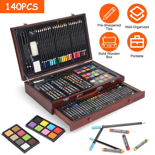 140Pcs Art Supplies With Colored Pencils Oil Pastels Crayons, Watercolor Cakes Brushes Sharpener Eraser In Elegant Wooden Box Professional Art Kit For